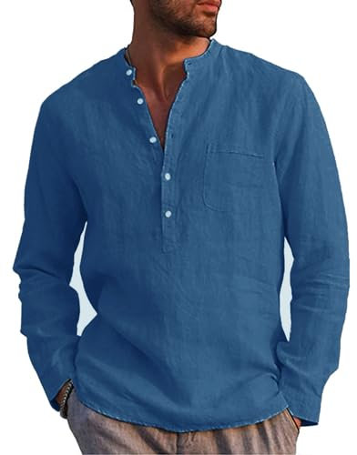 Kvruhuiy Men's Summer Shirts Long Sleeve Cotton Shirt Linen Henley Shirts Casual Beach Shirts Blue 3XL