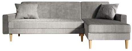 GREKPOL Ecksofa Lila Cord Stoff Poso Couch Sofa mit Schlaffunktion und Bettkasten Schlafsofa Polsterecke Couchgarnitur Ecke Bettcouch - Universal Universal (Poso 110 Hellgrau)