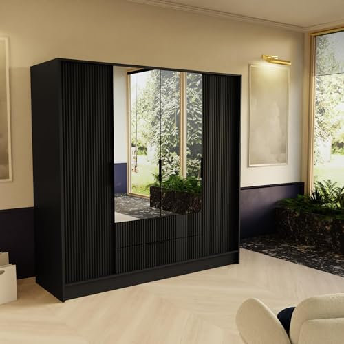 4-türig Drehtürenschrank Marco 200 cm Kleiderschrank mit 2 Schubladen Spiegel Garderobenschrank mit geriffelte Fronten (Schwarz + Schwarze Fronten, 200 cm)