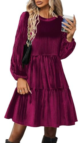 Zeagoo Robe Femme Hiver Courte Manches Longues Lanterne Manches Casual Robes Élastique Taille Haute Automne Robe Vintage Velours Robes Violet M