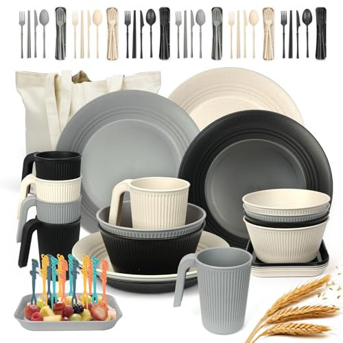 UHAPEER 67Pcs Camping Dinner Set for 6 People,Plastic Picnic Dinner Sets,Unbreakable Plastic Dinner Plates,Bowls,Cups Set,Camping Plate Set,Picnic,BBQ,Party,Campervan, Kitchen Equipment