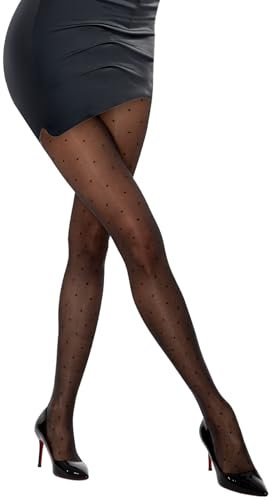 MANZI 20 Denier Fashion Black Polka Dot Patterned Tights Oil Shiny Ultra Sheer Gloss Pantyhose for Women S-M