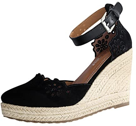 Dinglong Scarpe Basse Donna Scarpe con Tacco a Zeppa scavate Ricamate Scarpe in Corda da Donna Piattaforma con Punta Avvolgente alla Caviglia Décolleté con Espadrillas comode da Donna retrò