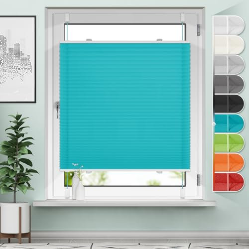Sanfree Plissee Klemmfix ohne Bohren Türkis B100 x H130cm Easyfix plisseerollo Jalousie Faltrollo Blickdicht Sichtschutz & Sonnenschutz Fertifplissee Rollos für Fenster und Tür