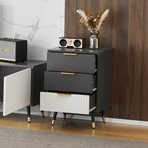 Merax Nachttisch Nachtschrank mit 3 Schubladen, Modern Nachtkommode mit Metallgriffen und -schienen, Schlichter Holz Beistelltisch Sofatisch Schubladenschrank für Schlafzimmer/Wohnzimmer, Grau & Weiß