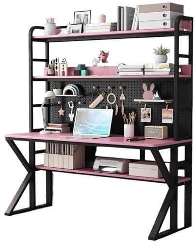 Computer Desk with,gaming Desk with Pegboard,home Office Desk,pink Computer Desk,solid Wood Writing Table,workstation Computertable with Storage Shelves & Metal Legs(39.3, Black pink)