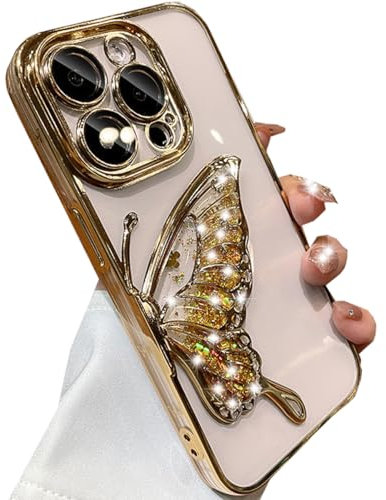 Changjia for iPhone 16 Pro Max Glitter 3D Butterfly Case, Cute Luxury Bling Sparkle Liquid Flowing Case with Camera Lens Protector Plating Bumper Women Girls Case for iPhone 16 Pro Max 6.9 (Gold)