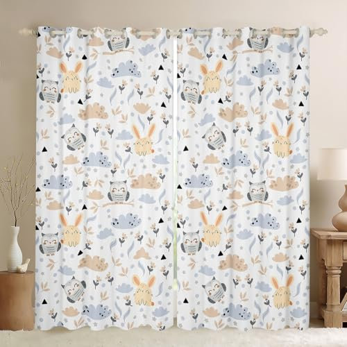 Loussiesd Eule Vorhänge 137x117cm Cartoon Eule Design Fenstervorhang Cartoon Kaninchen Niedliches Tier Fenstervorhang Vogeldekoration Wolke Kinder Vorhänge Tierdruck Blau Blickdichte Vorhänge Grau