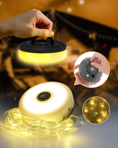 BELLALICHT 10 m Camping Lichterkette Aufrollbar,Outdoor Lichterkette, mit 8 Beleuchtungsmodi, USB Wiederaufladbare wasserdichte Campinglampe Taschenlampe für Zelt Camping Hof Dekoration