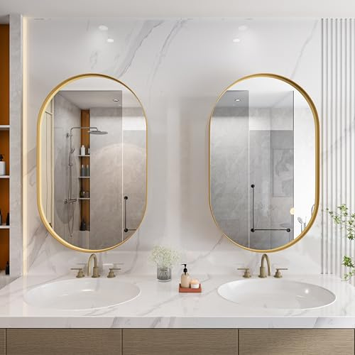 Stilvoller ovaler Spiegelschrank, Einbau-Medizinschrank, Wandschrank mit Metallrahmen, Spiegel und verstellbaren Regalen, Spiegelschrank mit Stauraum für Badezimmer, Wohnzimmer und Schlafzimmer, Gold