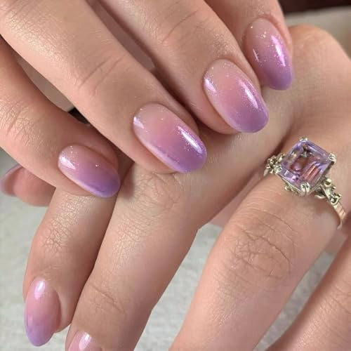 Levimimo ongles Ombre courts - Faux ongles ovales violets à coller avec colle à ongles, Faux ongles réutilisables à coller, 12 tailles - Kit de 24 faux ongles en gel souple