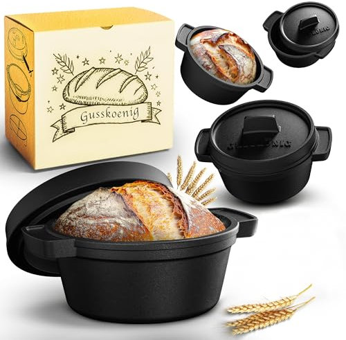 GUSSKÖNIG Mini Gusseisen Brotbackform Set – 4x 300ml Brotbacktopf mit Deckel – Eingebrannte Mini Dutch Oven zum Brotbacken – Kleine Gusseisentöpfe für Mini-Brote inkl. Rezeptbuch