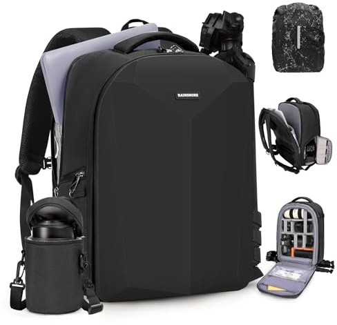 RAINSMORE Kamerarucksack Hartschale für DSLR/SLR Wasserdicht Kameratasche mit Laptopfach 15,6 Zoll Professionelle Kameratasche mit Regenschutz Fotografie Rucksack Tasche mit Kamera Objektiv Tasche