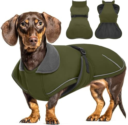 Hjyokuso Hundemantel Dackel XS, Winddichter Wasserdichter Wintermantel Für Dackel Hunde, Hundejacke Für Kleine Hunde XS, Hundemantel Winter Mit Bauchschutz Leinenloch, Winterjacken Für Hunde-Armeegrün