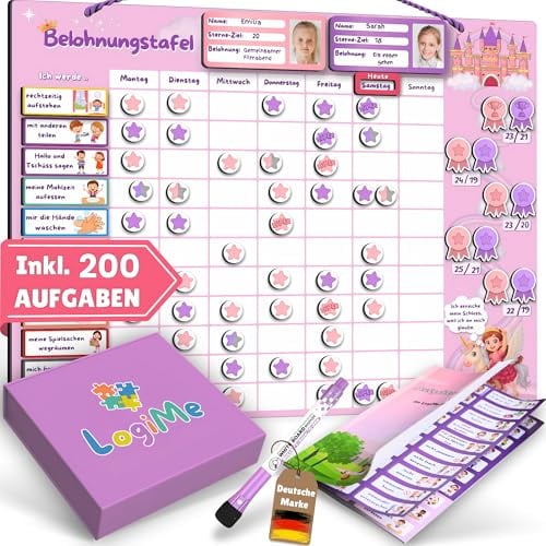 𝐋𝐨𝐠𝐢𝐌𝐞® Belohnungstafel für Kinder [200 AUFGABEN] - XL Aufgabenplaner magnetisch - Montessori Belohnungssystem - Wochenplaner ab 3 4 5 6 7 8 Jahre - Sternchenplan ADHS Magnettafel (Prinzessin)