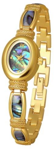 FANMIS Damen-Armbanduhr, Vintage, goldfarben, mit Abalone-Zifferblatt, klein, oval, zierlich, Damen-Armreif, Kleid, Quarz-Armbanduhr