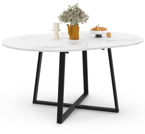 IDMarket – Mesa de comedor extensible redonda Selma 4-8 personas, color negro y tablero mármol blanco Alaska 110-150 cm