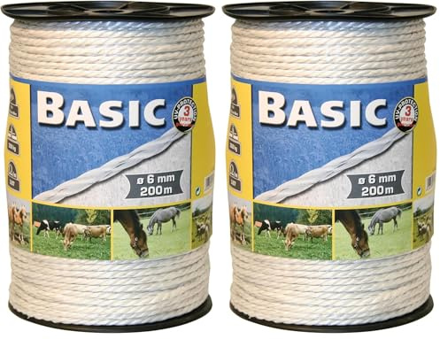 Kerbl Basic PE-Seil, Weidezaun Elektroseil Elektrozaun Kordellitze 6mmx200m Weiß (Packung mit 2)