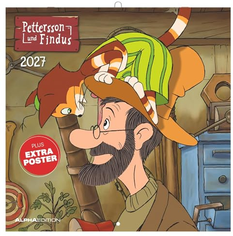 Pettersson und Findus 2027: Wandkalender 30x30 cm (30x60 cm geöffnet) mit Notizkalendarium, 12 Illustrationen und Extra Poster