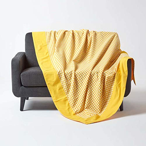 HOMESCAPES Gingham Check Throw Blanket, 100% Cotton Checkered Yellow & White, Warm & Cosy, Handwoven Large Throws For Sofas Large, Breathable Blankets For Bed & Armchairs - 150 x 200 cm