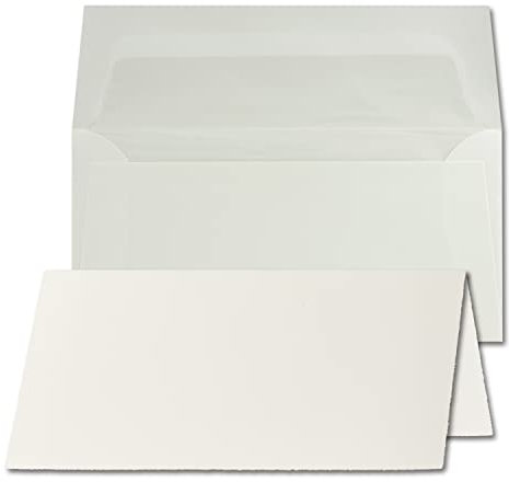 50x DIN Lang Vintage Faltkarten Set mit Briefumschlägen, Büttenpapier, 100 x 210 mm - hoch-doppelt, Naturweiß - Vellum Oberfläche - Doppelkarten aus Büttenpapier