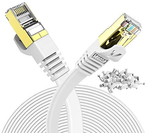 (2 Years Warranty) 25m/82ft Veetop Flat CAT7 High Speed Gbps RJ45 Cat 7 Ethernet cables LAN Networking Cable with STP Copper Wires Shielded & Gold Plated Connector for Computer Laptop Router Patch Modem Switch Box (White)