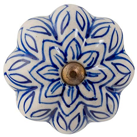 Nicola Spring Ceramic Cupboard Drawer Handle Knob - Vintage Flower Design - Dark Blue