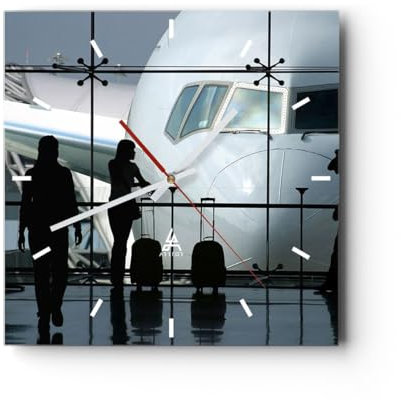 Modern Wanduhr Flugzeug Flughafen Passagiere 30x30cm Quadrat Klein Wand Uhr Glas Analog Zimmeruhren Küche Büro Wohnzimmer Glasuhr Wall Clock Dekoration Design Wanddekoration Küchenuhr C3AC30x30-0130