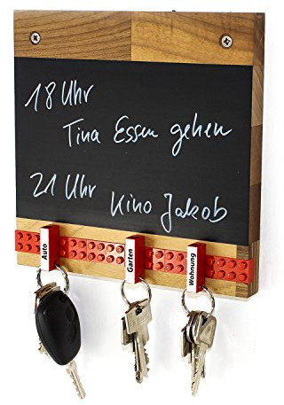 Schlüsselbrett Play 204 Holz | Für die ganze Familie | Schlüsselleiste Nussbaum mit 5 Schlüsselanhängern zum selbst beschriften | Memoboard Tafel mit Kreidestift | rot