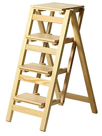Klapptreppe Klappstufen Klapptritt Klappbare Trittleiter Stufenleiter 4 Stufen aus Holz Leicht und faltbar für Kind Erwachsene für Bibliothek Loft Küche Hauptdekoration - 150kg Kapazität (Natural)