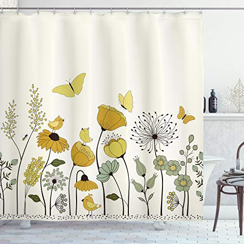 ABAKUHAUS Frühling Duschvorhang, Dot Winged Schmetterlinge, Stoffliches Gewebe Badezimmerdekorationsset mit Haken, 175 x 180 cm, Erde Gelb Hellgrün