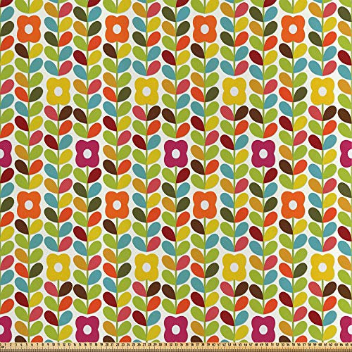 ABAKUHAUS Bunt Satin Stoff als Meterware, Skandinavische Blätter, Qualitäts Stoff Heimtextilien Wohnaccessoires, 5M (148x500cm), Gelb Grün Rosa
