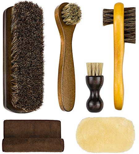 SelfTek 6Pack Shoe & Boot Cleaning Brushes, Horsehair Bristles Brushes with Polish Glove and Buffing Cloth Shoe Shine Polishing Applicators for Leather Bag,Car Seat Interiors Furniture