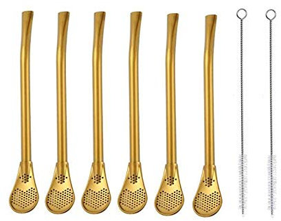 MBB Pack of 6 Gold Stainless Steel Drinking Spoon Straws Infuser Strainer Stirring Bombillas Yerba Mate Tea with 2 Cleaning Brushes