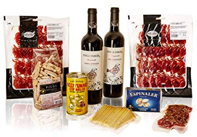 PACKS SNACKS + VINOS (2 botellas de vino, 2 sobres lóncheados paleta ibérica, fuet loncheado, queso manchego loncheado, berberechos, aceitunas rellenas de anchoa y picos rústicos.