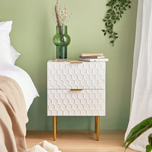 BTFY White Bedside Table – 2 Drawer Nightstand w/Honeycomb Design - Bedside Cabinet w/Glossy Lacquer Finish & Gold Legs & Handles - Geometric Storage Bed Side Table for Bedroom, Living Room & Lounge
