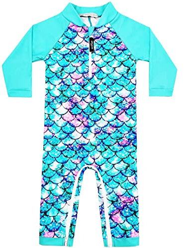 weVSwe Traje De Baño para Niños Pequeños UPF 50+ Protección Solar Tejido Reciclado Bebé Niña Una Pieza Manga Larga Rash Guard Escamas De Pez Verde 18-24 Meses
