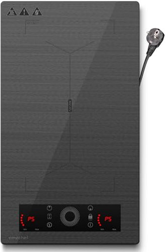 AMZCHEF Placa de inducción 2 placas con zonas flexibles y enchufe, 10 niveles de potencia, bloqueo de seguridad y temporizador, protección contra sobrecalentamiento, barbacoa, 3300W(Gris)
