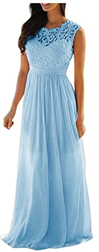 Vestidos de noche elegantes para bodas, largos, de gasa, sin mangas, sin pliegues, hasta el suelo, para dama de honor, vintage, hueco, de encaje, vestido largo, vestido de fiesta, azul, M-36/38/40