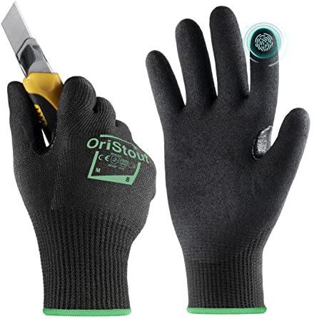 Cut Resistant Work Gloves, EN388 4X43F Level 6, Touchscreen, Sandy Nitrile Coated Firm Grip, Cut Proof Safety Gloves for Builders, Woodwork, Warehouse, Site, Construction(1 Pair, Medium/Size 8)
