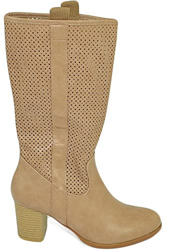 Stivali Donna Estivi Taupe Beige Gambale Forato Tacco Comodo 5 cm Altezza Polpaccio Striscia Casual Fresco Moda (40 EU)