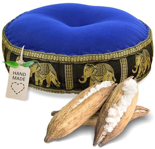 livasia Meditationskissen mit Thaiseide - Ø 45x15cm - Yogakissen mit Kapok, Pouf, Bodenkissen für Yoga und Zen Meditation, Sitzkissen für Garten und Balkon, Zafukissen (Blau/Schwarz/Elefanten Seide)