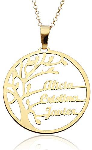 doble aro - Collar Árbol de la Vida para Mujer Plata de Ley - Colgante Regalo para Madres y Abuelas con Nombres de su Familia - Cadena de 45 cm + Alargador (Gades hasta 6 nombres oro, Plata de Ley)
