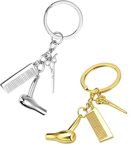 HBYMYDA Friseur Schlüsselanhänger Schere Kamm Fön Schlüsselanhänger Legierung Schlüsselbund für Salonbesitzer Friseur Schmuck Geschenk Abschlussgeschenk, Silber & Gold