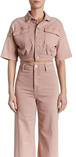 O A T NEW YORK Women's Luxury Clothing Cropped Short Sleeve Denim Jackets with Elastic Waists, Comfortable & Stylish Coats, Vintage Rose, XS