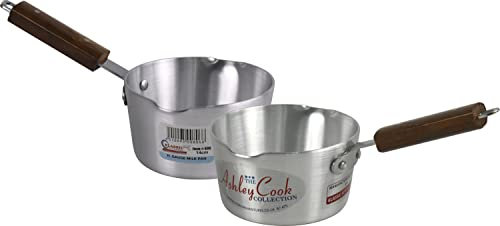 Milk Pan Set Aluminium Pan Soup Saucepan Combo Home Catering Restaurant Milk Pan with Wooden Handle (14cm Set of 2 Pans)
