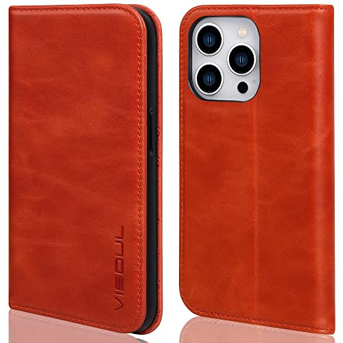 VISOUL Genuine Leather Case Compatible for iPhone 14 Pro Max Case 6.7 2022 Wallet Case with Card Holder, Magnetic Folio cover, Kickstand, Shockproof TPU Inner Shell-Red Brown