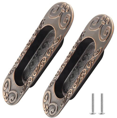 Biaungdo 2 Pcs 4.13 European Recessed Flush Pull Handle, Stainless Steel Sliding Door Handle, Inset Antique Recessed Pull Handle for Cabinet Closet Dresser Drawer, Antique Copper