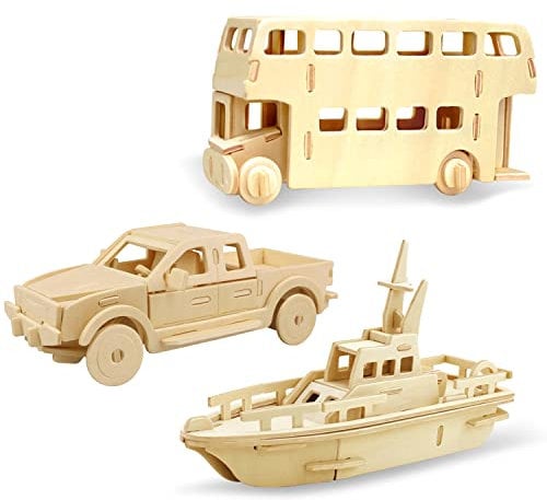 Georgie Porgy Hölzerne 3D Puzzle Sammlung Puzzle Modell Kit Baukasten Holzhandwerk Kinder Puzzle Pädagogisches Spielzeug DIY Geschenk Packung 3(Doppeldecker-Bus Pick-up Yacht)