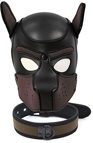YiQin RWSX Hundemaske mit Kragen, Weiche Latex Petplay Hundemaske mit Ohren Welpenmaske Hunde Masken, Abnehmbarer Mund, Geeignet für Halloween, Urlaubsparty (L, Braun)
